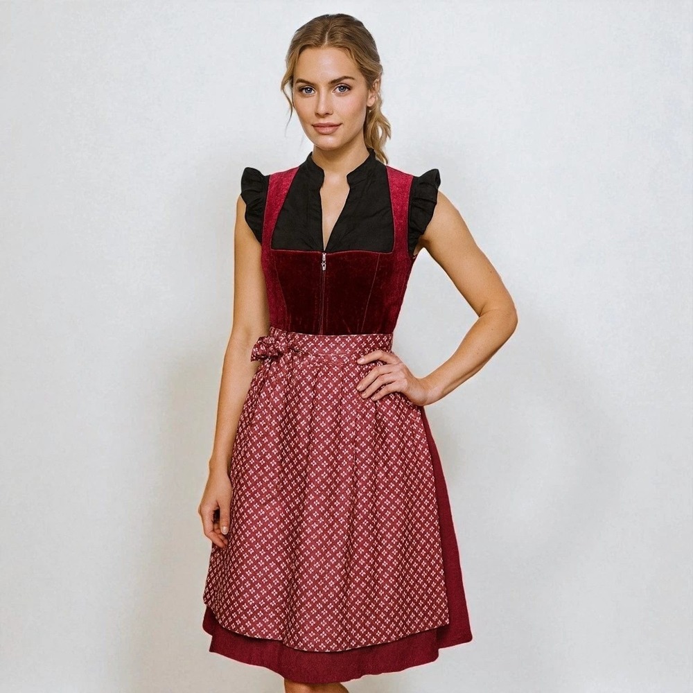 New Small Oktoberfest Red Burgundy Velvet Dirndl Dress Bavarian German Festival